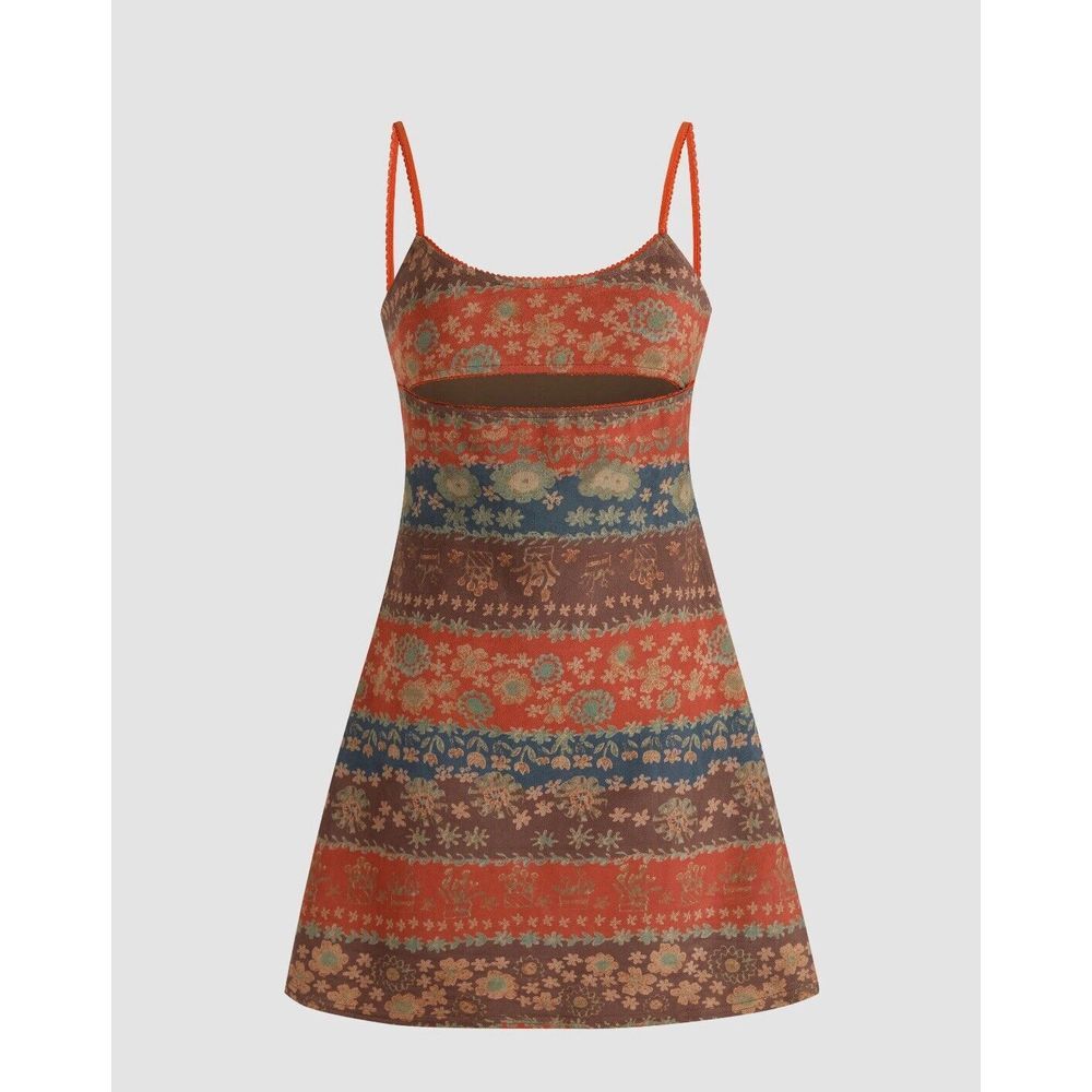 Cider‎ Retro Floral Striped Cut Out Mini Dress Fall Keyhole Size XL